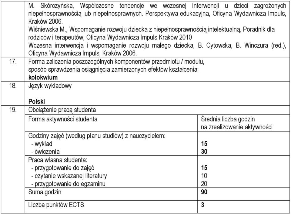 Poradnik dla rodziców i terapeutów, Oficyna Wydawnicza Impuls Kraków 2010 Wczesna interwencja i wspomaganie rozwoju małego dziecka, B. Cytowska, B. Winczura (red.