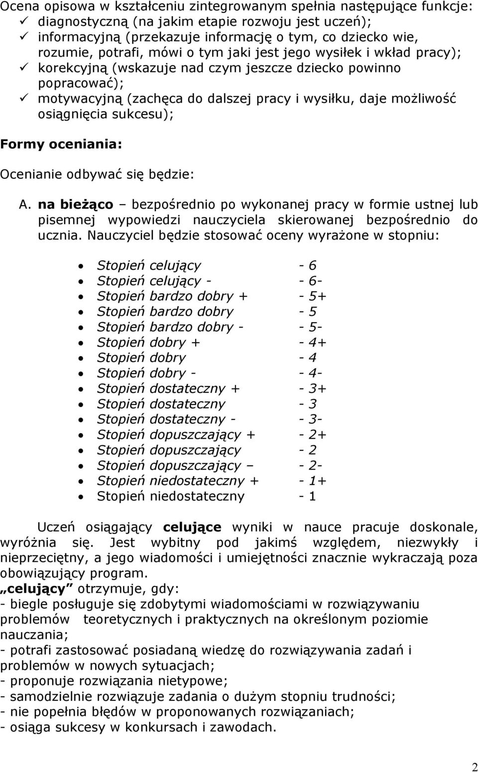 sukcesu); Formy oceniania: Ocenianie odbywać się będzie: A. na bieżąco bezpośrednio po wykonanej pracy w formie ustnej lub pisemnej wypowiedzi nauczyciela skierowanej bezpośrednio do ucznia.