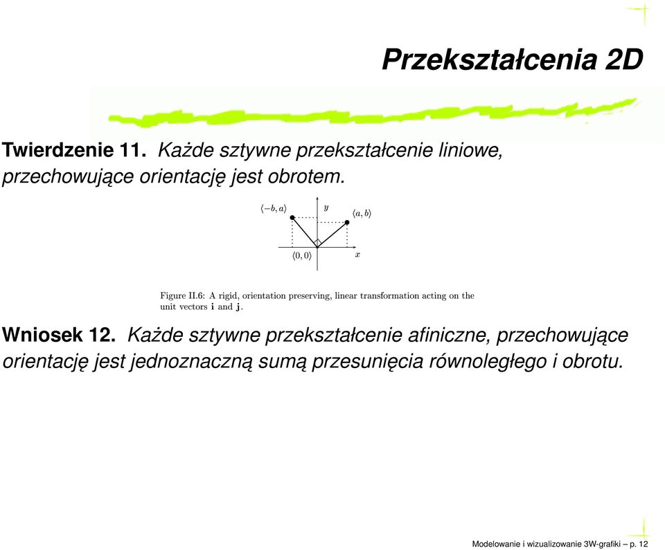 Każde sztywne przekształcenie liniowe, przechowujace orientację jest obrotem. Ý Ü Wniosek 12.