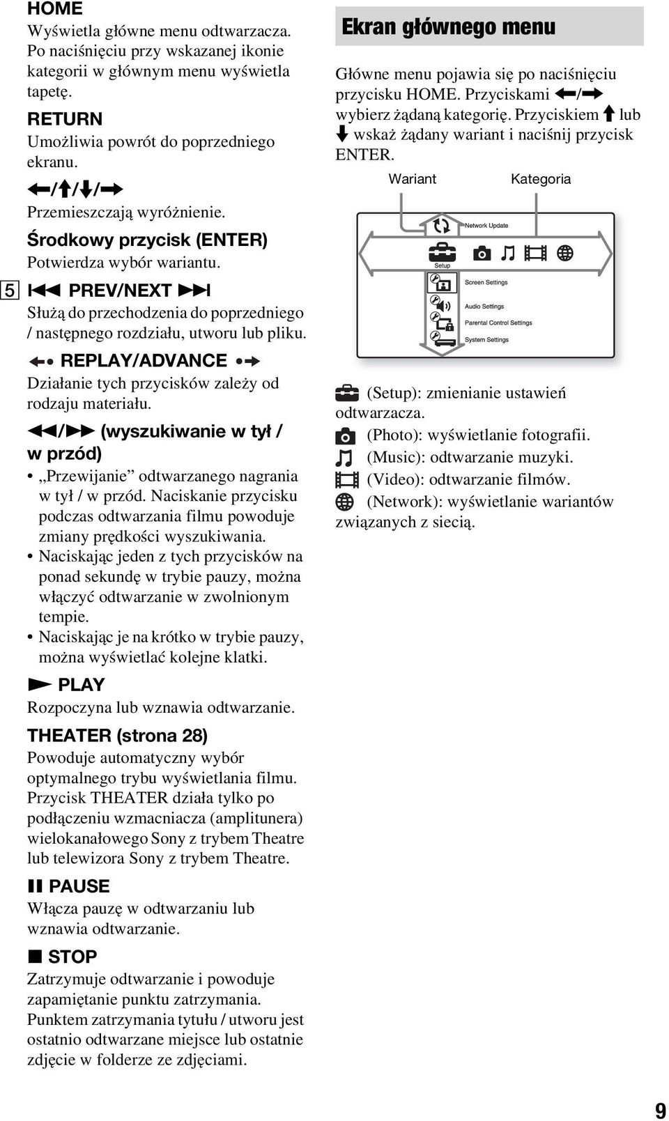 REPLAY/ADVANCE Działanie tych przycisków zależy od rodzaju materiału. m/m (wyszukiwanie w tył / w przód) Przewijanie odtwarzanego nagrania w tył / w przód.