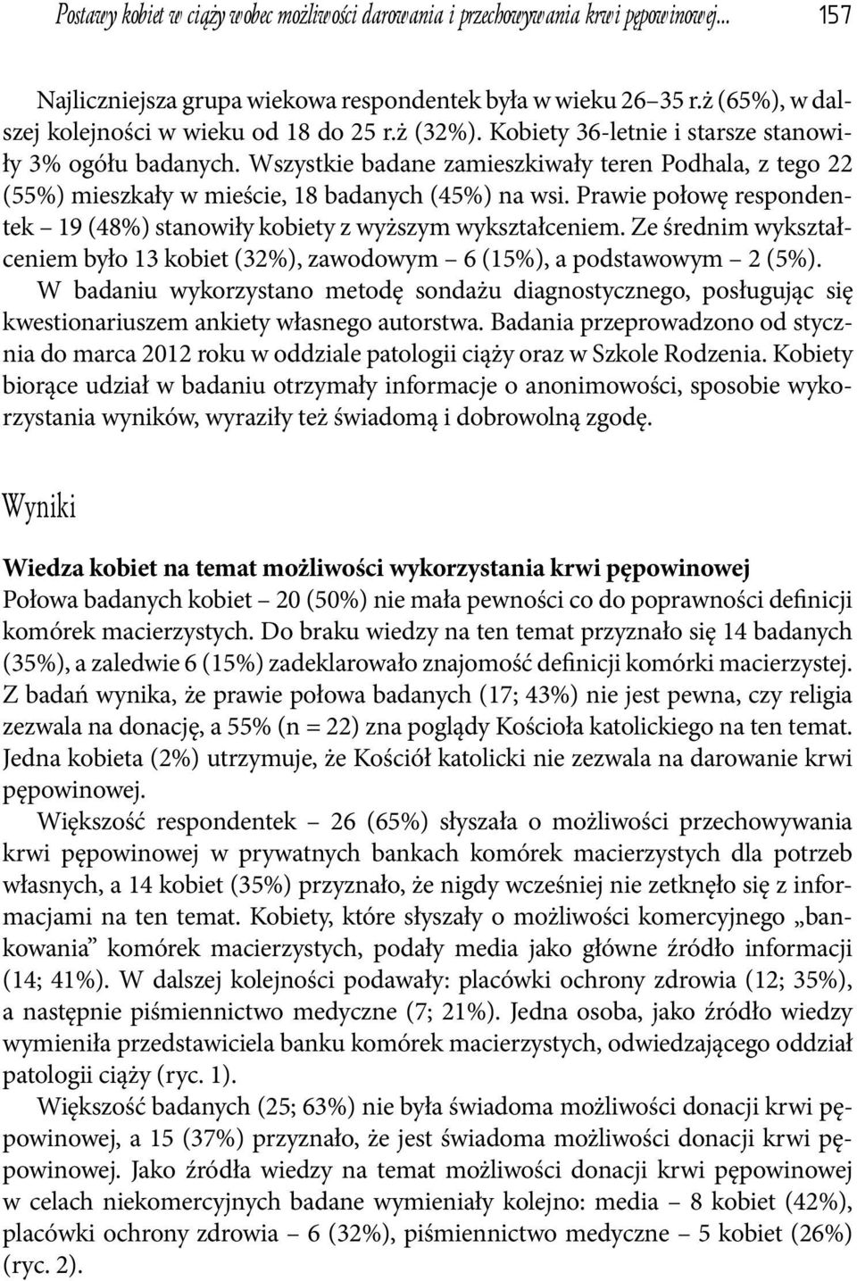 Wszystkie badane zamieszkiwały teren Podhala, z tego 22 (55%) mieszkały w mieście, 18 badanych (45%) na wsi. Prawie połowę respondentek 19 (48%) stanowiły kobiety z wyższym wykształceniem.