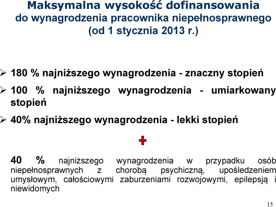 40% najniższego wynagrodzenia - lekki stopień 40 % najniższego wynagrodzenia w przypadku osób