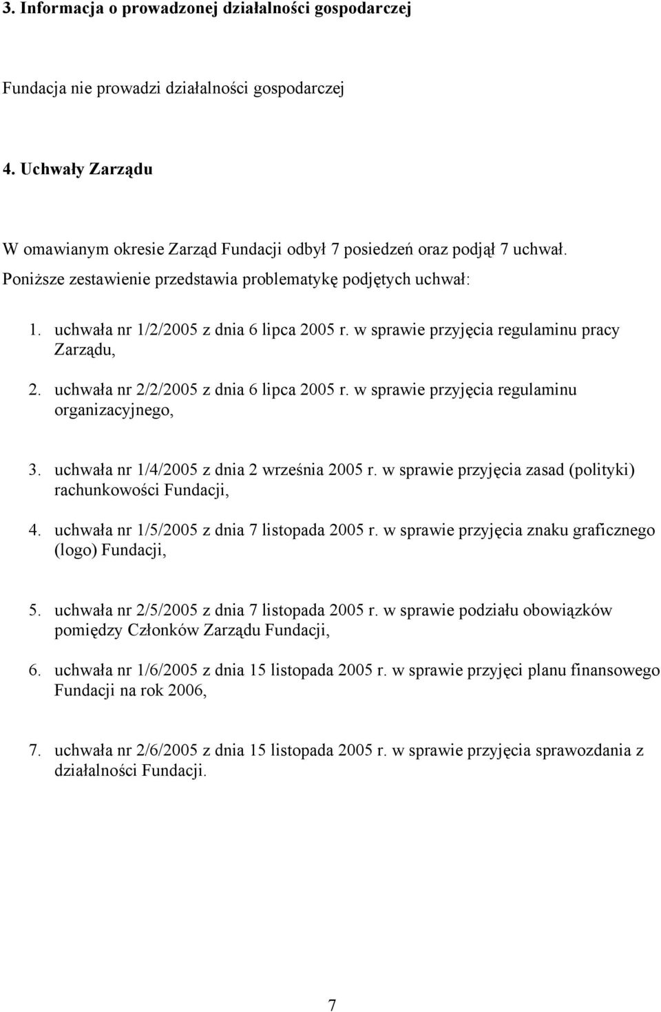 uchwała nr 2/2/2005 z dnia 6 lipca 2005 r. w sprawie przyjęcia regulaminu organizacyjnego, 3. uchwała nr 1/4/2005 z dnia 2 września 2005 r.