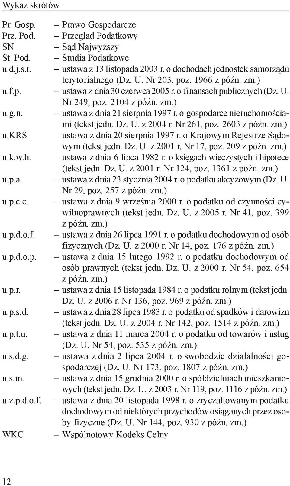 o gospodarce nieruchomościami (tekst jedn. Dz. U. z 2004 r. Nr 261, poz. 2603 z późn. zm.) u.krs ustawa z dnia 20 sierpnia 1997 r. o Krajowym Rejestrze Sądowym (tekst jedn. Dz. U. z 2001 r.