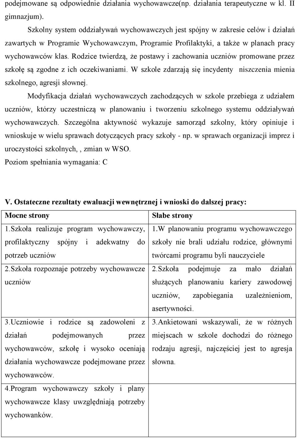 Rodzice twierdzą, że postawy i zachowania uczniów promowane przez szkołę są zgodne z ich oczekiwaniami. W szkole zdarzają się incydenty niszczenia mienia szkolnego, agresji słownej.