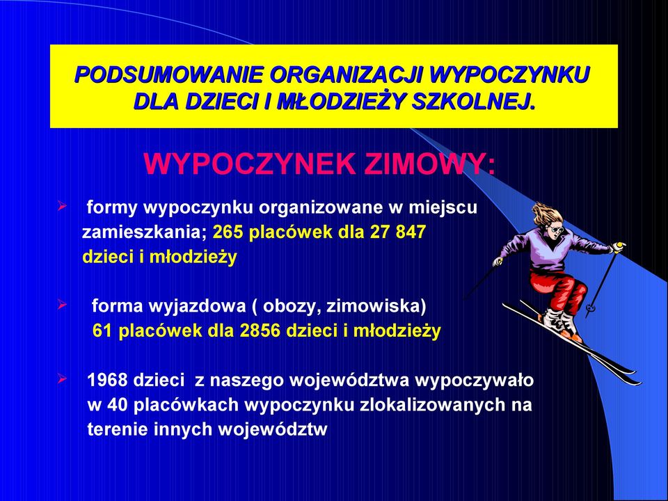 847 dzieci i młodzieży forma wyjazdowa ( obozy, zimowiska) 61 placówek dla 2856 dzieci i