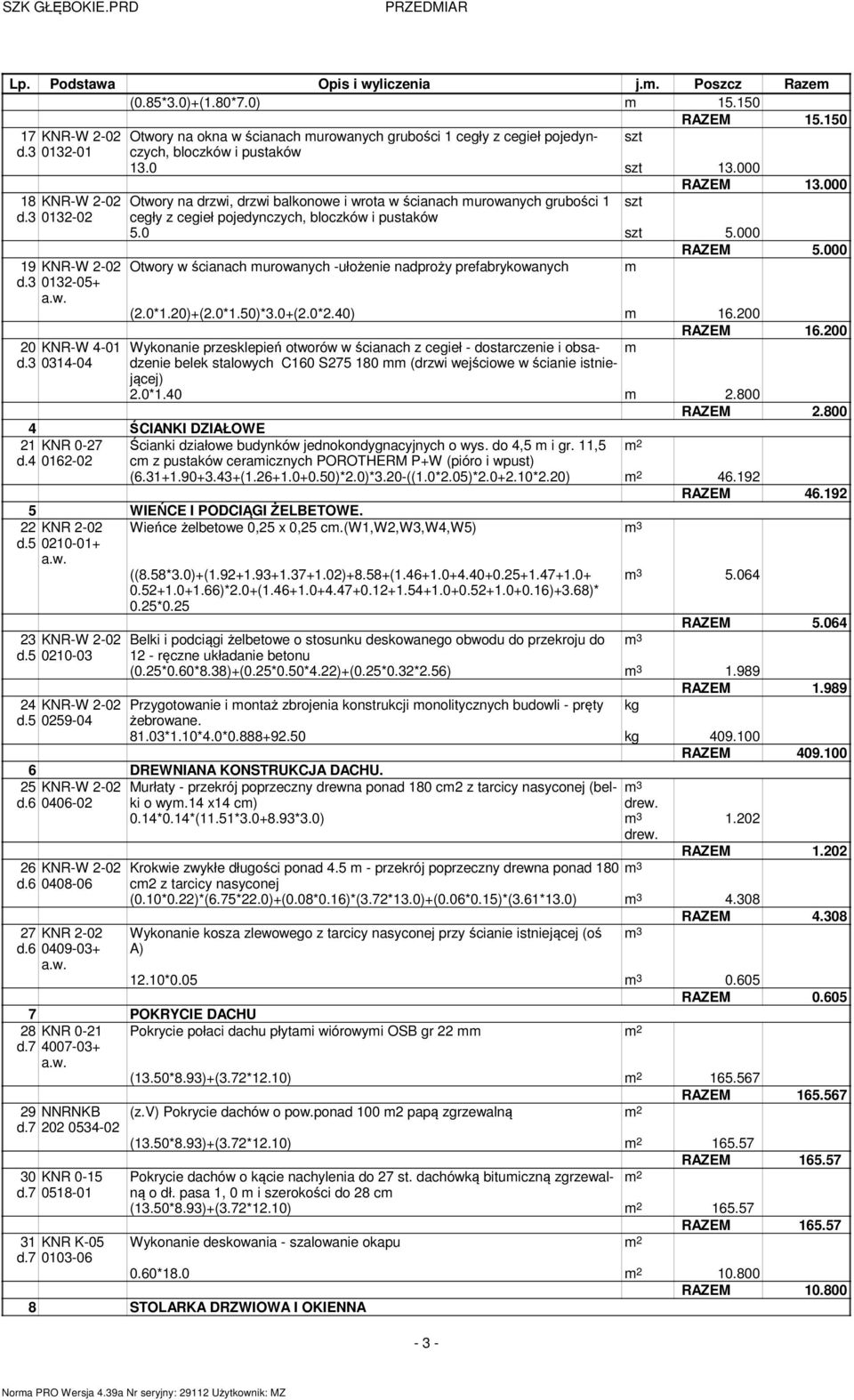 3 0132-05+ 20 KNR-W 4-01 d.3 0314-04 RAZEM 13.000 Otwory na drzwi, drzwi balkonowe i wrota w ścianach urowanych grubości 1 szt cegły z cegieł pojedynczych, bloczków i pustaków 5.0 szt 5.000 RAZEM 5.