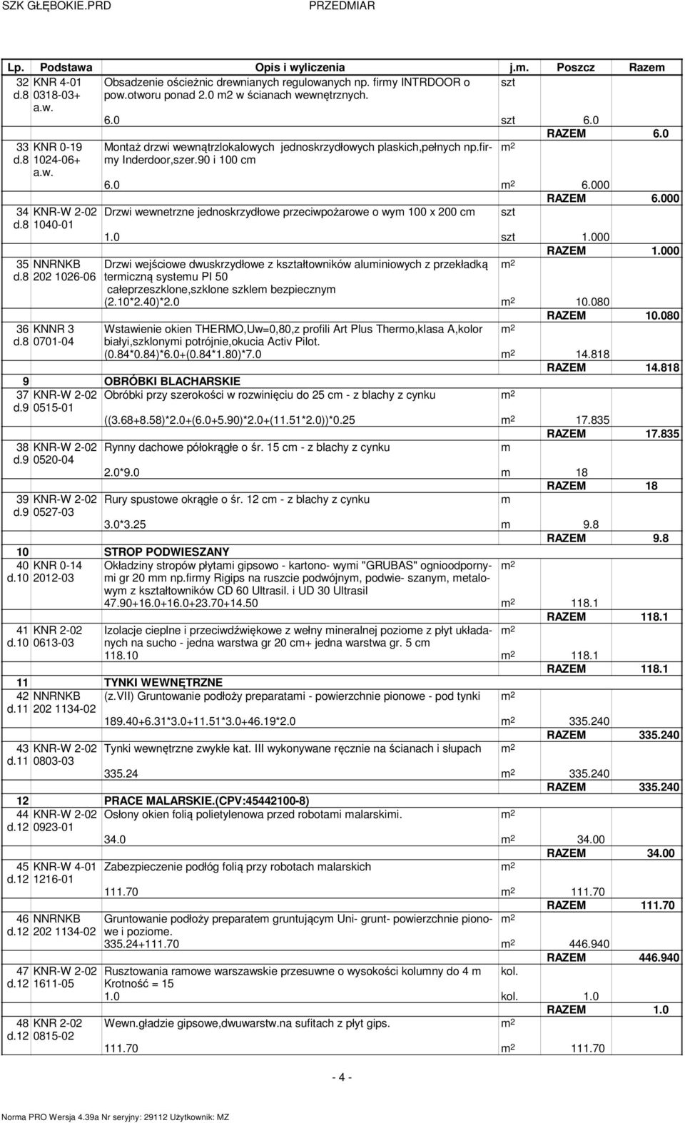 90 i 100 c RAZEM 6.0 6.0 6.000 RAZEM 6.000 Drzwi wewnetrzne jednoskrzydłowe przeciwpożarowe o wy 100 x 200 c szt 1.0 szt 1.000 RAZEM 1.