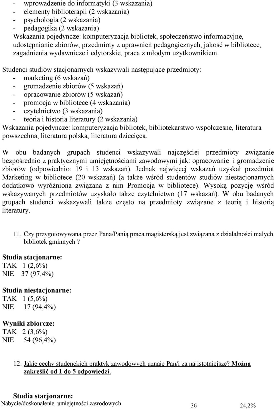 Studenci studiów stacjonarnych wskazywali następujące przedmioty: - marketing (6 wskazań) - gromadzenie zbiorów (5 wskazań) - opracowanie zbiorów (5 wskazań) - promocja w bibliotece (4 wskazania) -