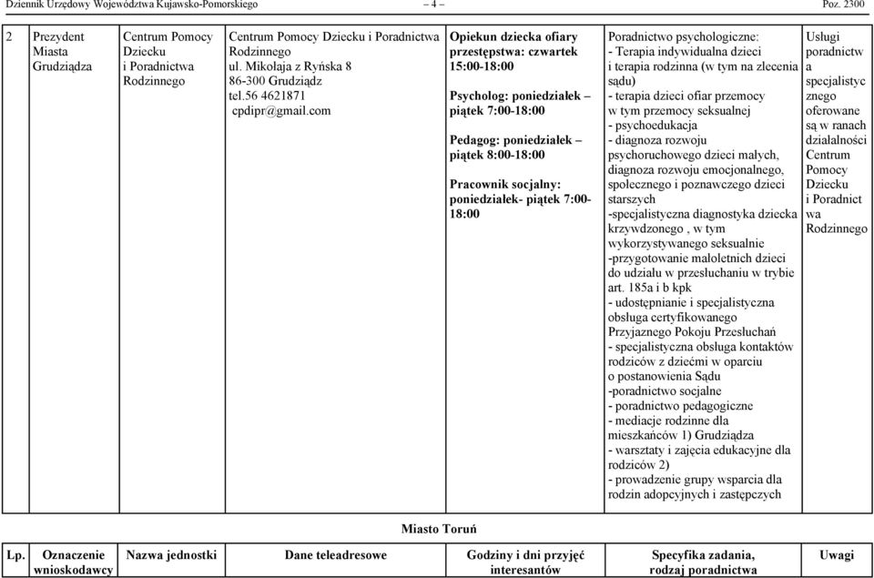 com Opiekun dziecka ofiary przestępstwa: czwartek 15:00-18:00 : poniedziałek piątek 7:00-18:00 Pedagog: poniedziałek piątek 8:00-18:00 Pracownik socjalny: poniedziałek- piątek 7:00-18:00 Poradnictwo