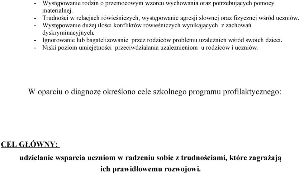 - Występowanie dużej ilości konfliktów rówieśniczych wynikających z zachowań dyskryminacyjnych.