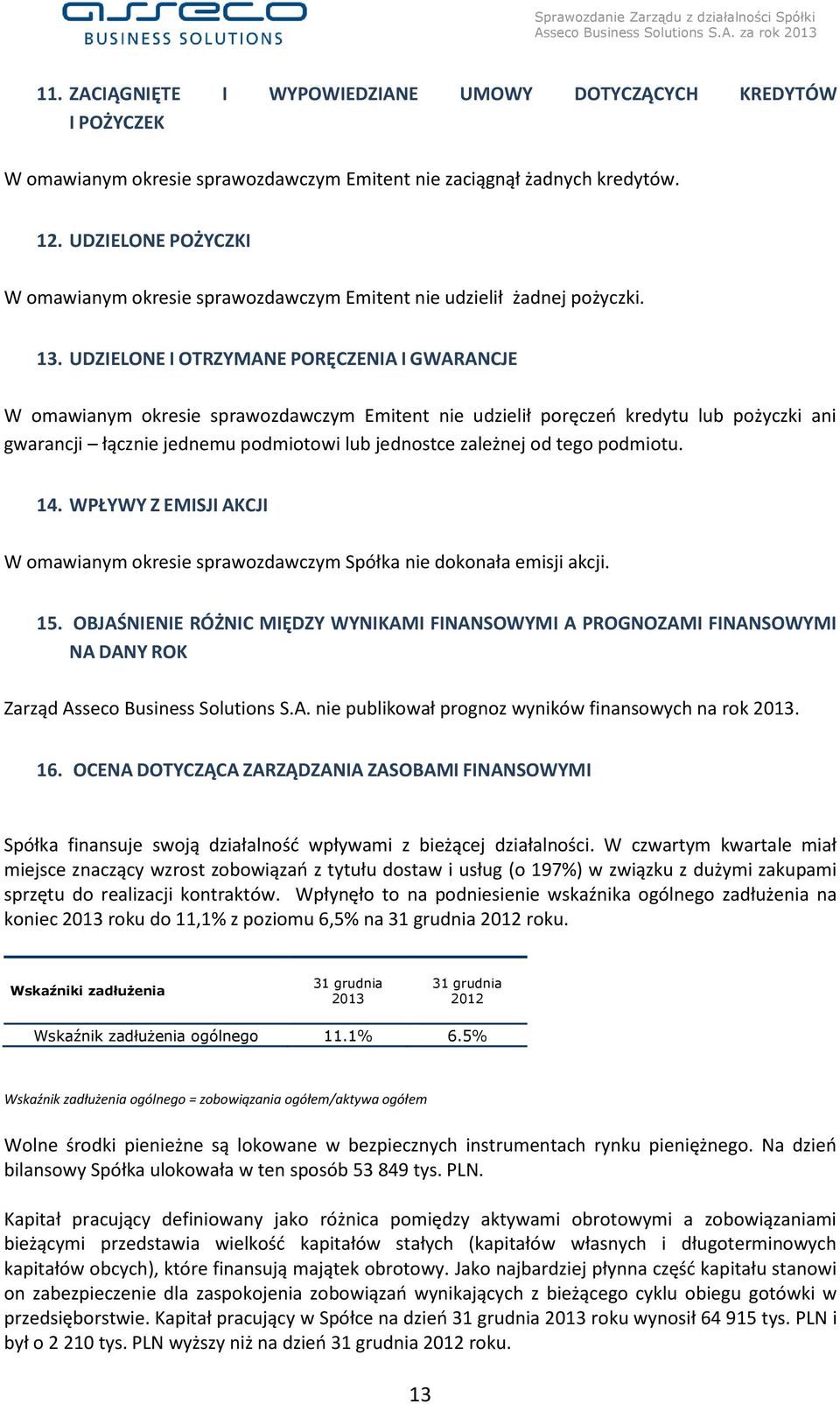 UDZIELONE I OTRZYMANE PORĘCZENIA I GWARANCJE W omawianym okresie sprawozdawczym Emitent nie udzielił poręczeń kredytu lub pożyczki ani gwarancji łącznie jednemu podmiotowi lub jednostce zależnej od