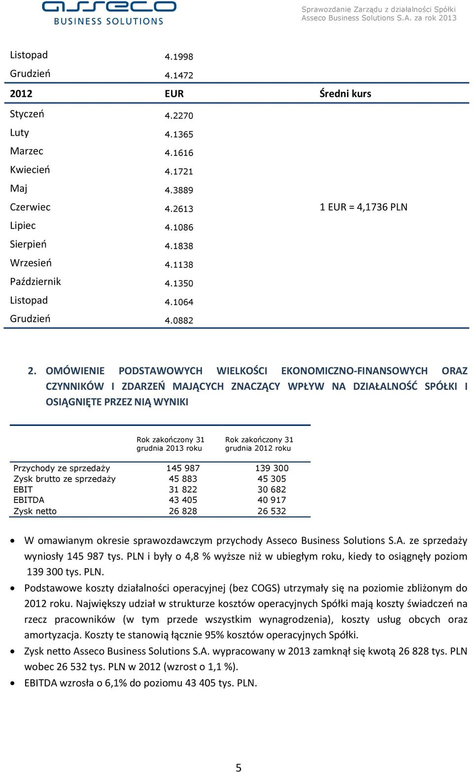 OMÓWIENIE PODSTAWOWYCH WIELKOŚCI EKONOMICZNO-FINANSOWYCH ORAZ CZYNNIKÓW I ZDARZEŃ MAJĄCYCH ZNACZĄCY WPŁYW NA DZIAŁALNOŚĆ SPÓŁKI I OSIĄGNIĘTE PRZEZ NIĄ WYNIKI Rok zakończony 31 grudnia 2013 roku Rok