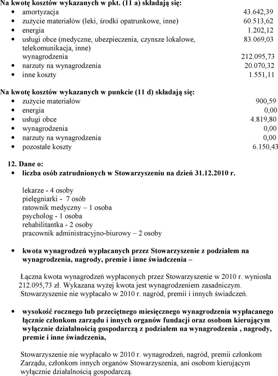 551,11 Na kwotę kosztów wykazanych w punkcie (11 d) składają się: zużycie materiałów 900,59 energia 0,00 usługi obce 4.819,80 wynagrodzenia 0,00 narzuty na wynagrodzenia 0,00 pozostałe koszty 6.