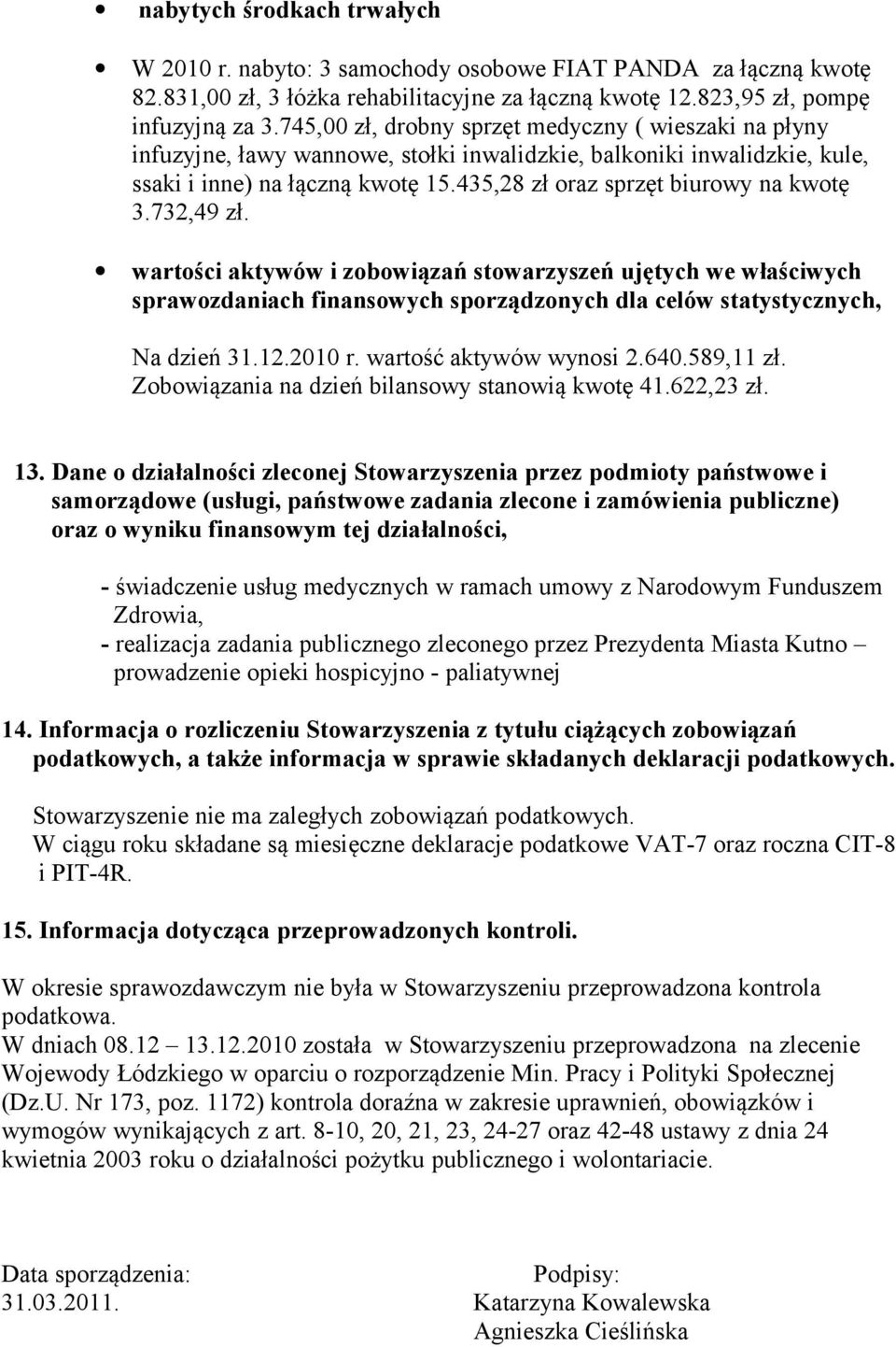 435,28 zł oraz sprzęt biurowy na kwotę 3.732,49 zł. wartości aktywów i zobowiązań stowarzyszeń ujętych we właściwych sprawozdaniach finansowych sporządzonych dla celów statystycznych, Na dzień 31.12.