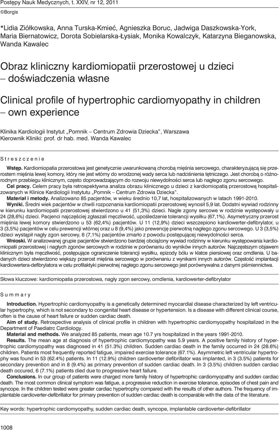 Kawalec Obraz kliniczny kardiomiopatii przerostowej u dzieci doświadczenia własne Clinical profile of hypertrophic cardiomyopathy in children own experience Klinika Kardiologii Instytut Pomnik