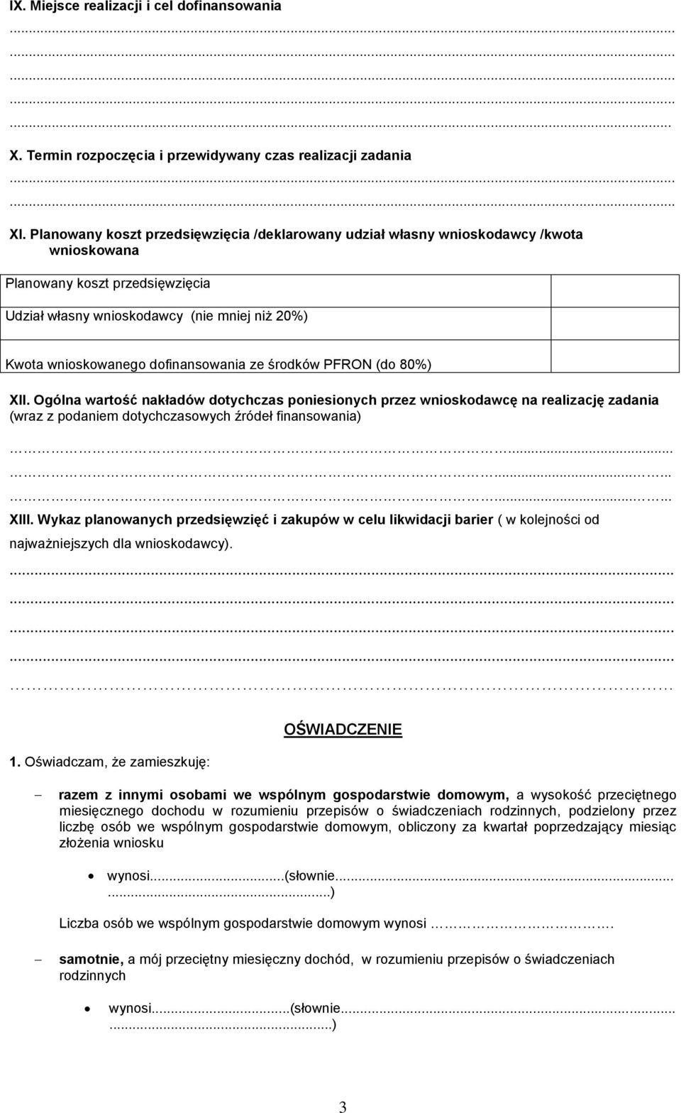 dofinansowania ze środków PFRON (do 80%) XII. Ogólna wartość nakładów dotychczas poniesionych przez wnioskodawcę na realizację zadania (wraz z podaniem dotychczasowych źródeł finansowania)............... XIII.