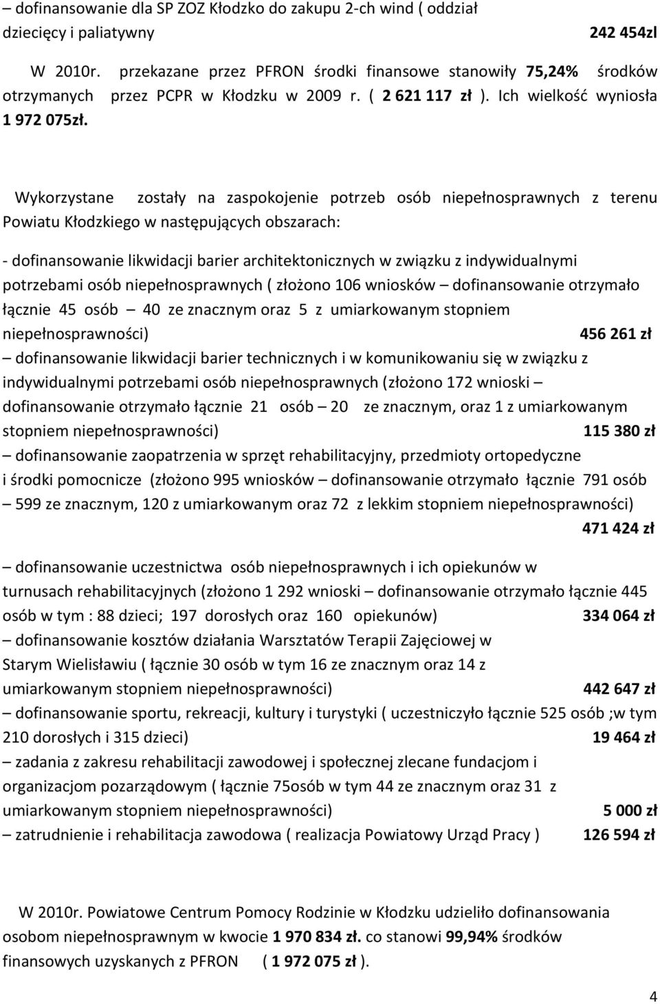 Wykorzystane zostały na zaspokojenie potrzeb osób niepełnosprawnych z terenu Powiatu Kłodzkiego w następujących obszarach: - dofinansowanie likwidacji barier architektonicznych w związku z