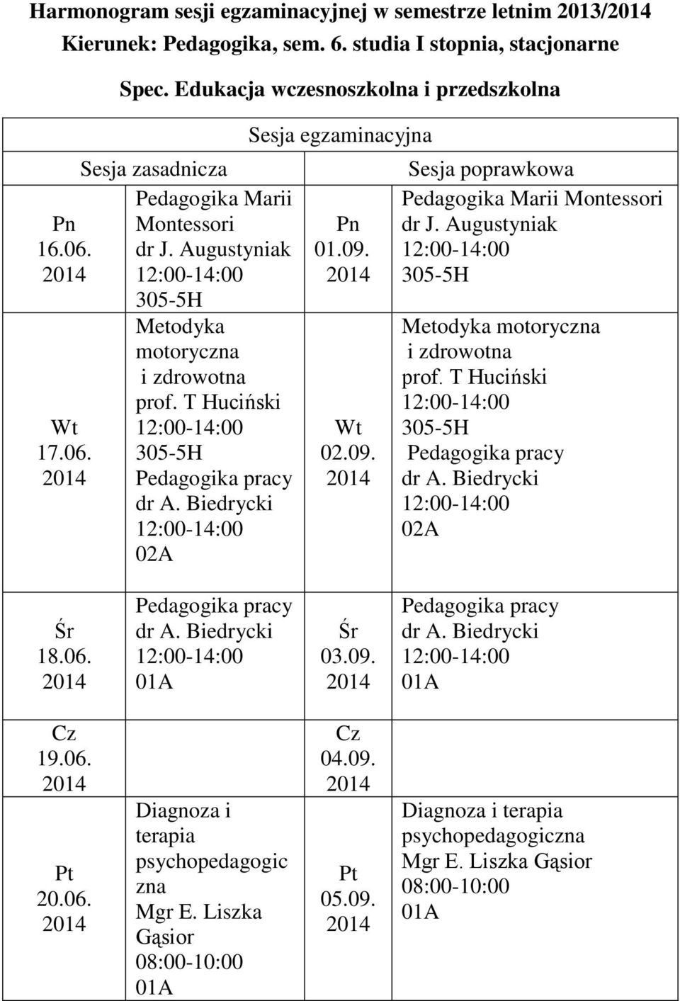 Pedagogika Marii Montessori dr J Augustyniak Metodyka motoryczna i zdrowotna prof T Huciński dr A Biedrycki 1806 dr A Biedrycki 0309 dr A Biedrycki