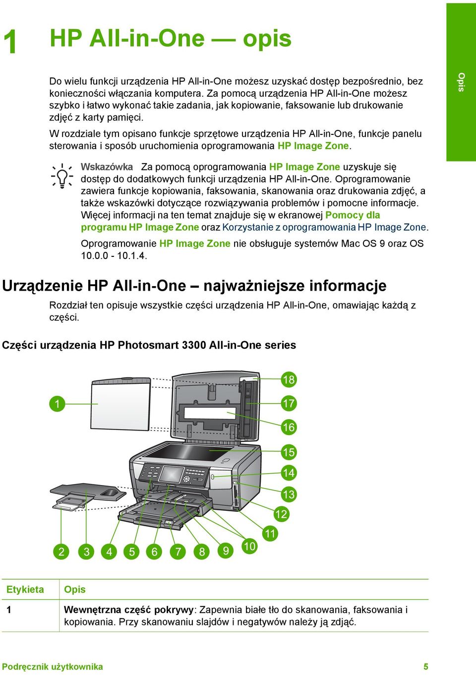 W rozdziale tym opisano funkcje sprzętowe urządzenia HP All-in-One, funkcje panelu sterowania i sposób uruchomienia oprogramowania HP Image Zone.