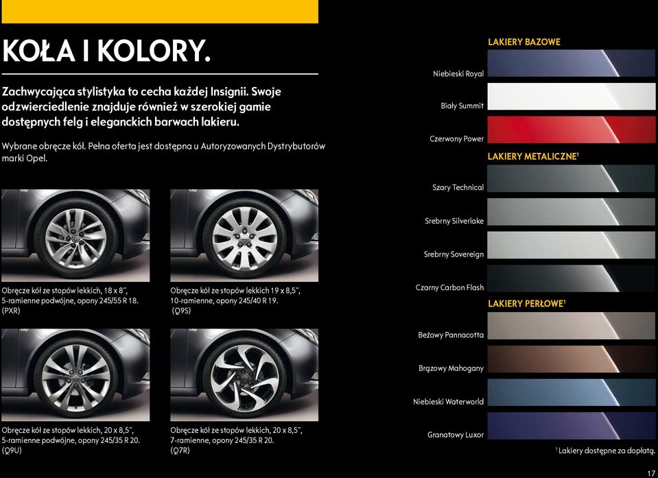 LAKIERY BAZOWE Niebieski Royal Biały Summit Czerwony Power LAKIERY METALICZNE 1 Szary Technical Srebrny Silverlake Srebrny Sovereign Obręcze kół ze stopów lekkich, 18 x 8, 5-ramienne podwójne, opony