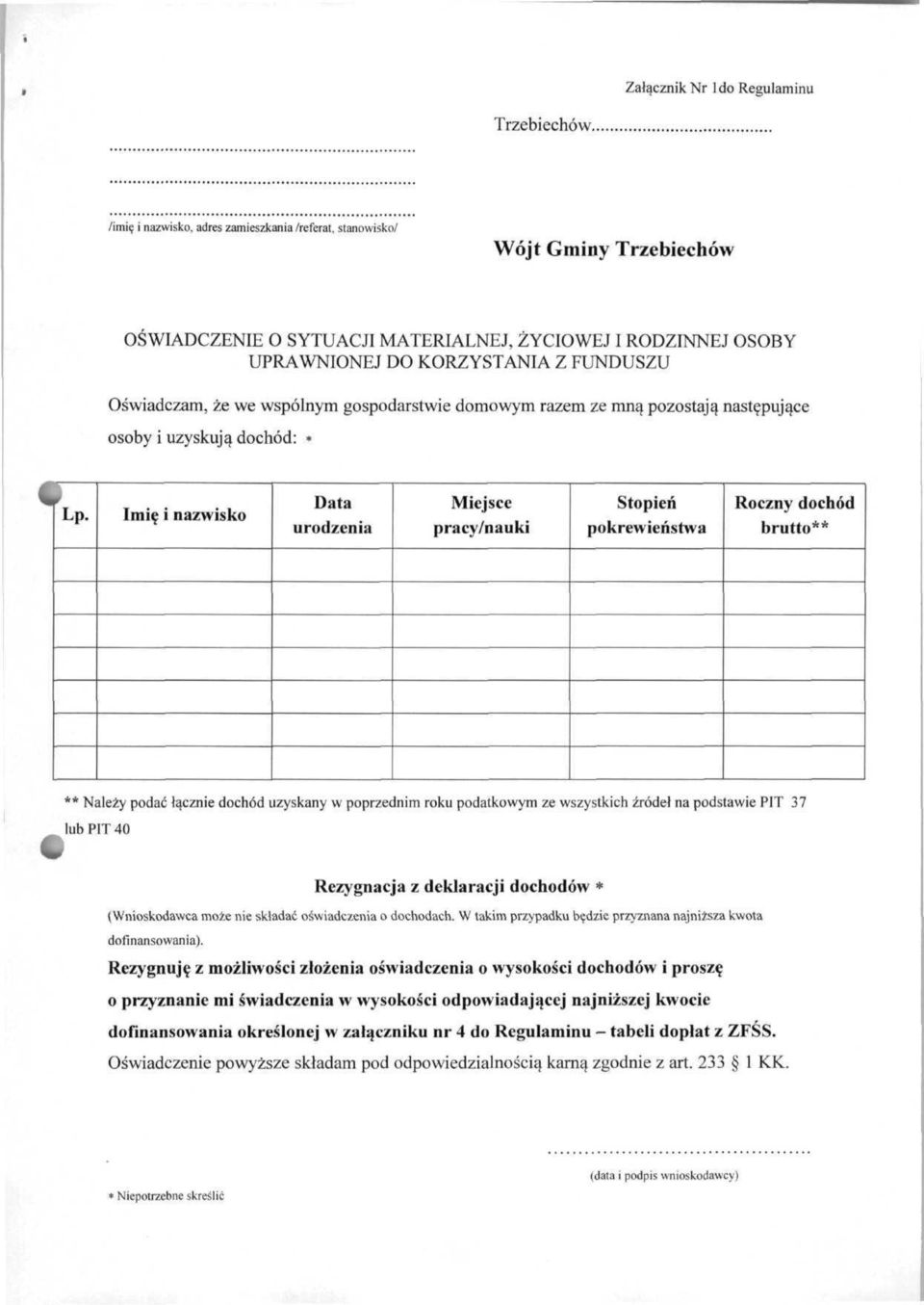 gospodarstwie domowym razem ze mną pozostają następujące osoby i uzyskują dochód: * V Imię i nazwisko Data urodzenia Miejsce p racy /nauki Stopień pokrewieństwa Roczny dochód brutto** ** Należy podać