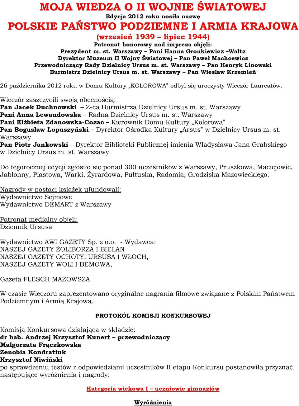 Warszawy Pan Henryk Linowski Burmistrz Dzielnicy Ursus m. st. Warszawy Pan Wiesław Krzemień 26 października 2012 roku w Domu Kultury KOLOROWA odbył się uroczysty Wieczór Laureatów.