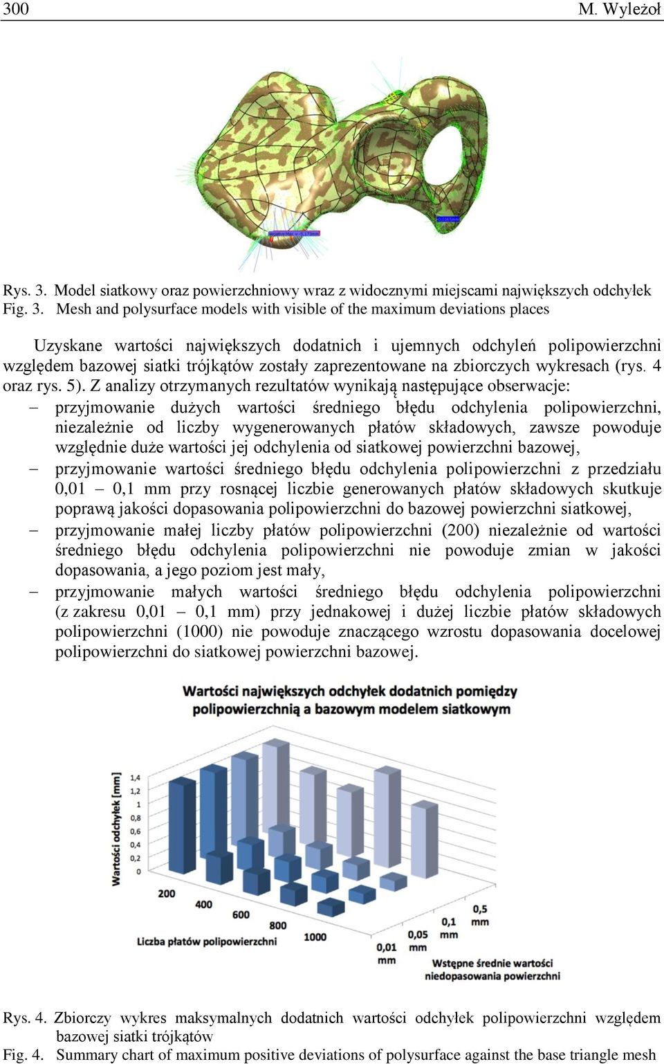 Mesh and polysurface models with visible of the maximum deviations places Uzyskane wartości największych dodatnich i ujemnych odchyleń polipowierzchni względem bazowej siatki trójkątów zostały