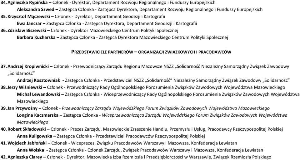 Zdzisław Biszewski Członek - Dyrektor Centrum Polityki Społecznej Barbara Kucharska Zastępca Członka - Zastępca Dyrektora Centrum Polityki Społecznej PRZEDSTAWICIELE PARTNERÓW ORGANIZACJI ZWIĄZKOWYCH