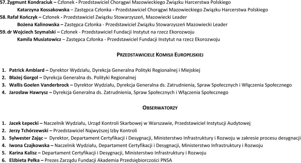 dr Wojciech Szymalski Członek - Przedstawiciel Fundacji Instytut na rzecz Ekorozwoju Kamila Musiatowicz Zastępca Członka - Przedstawiciel Fundacji Instytut na rzecz Ekorozwoju PRZEDSTAWICIELE KOMISJI