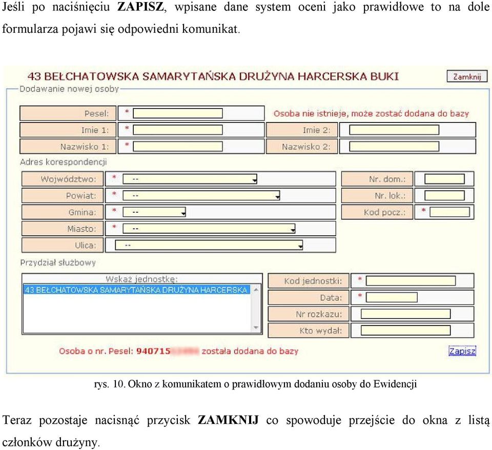 Okno z komunikatem o prawidłowym dodaniu osoby do Ewidencji Teraz