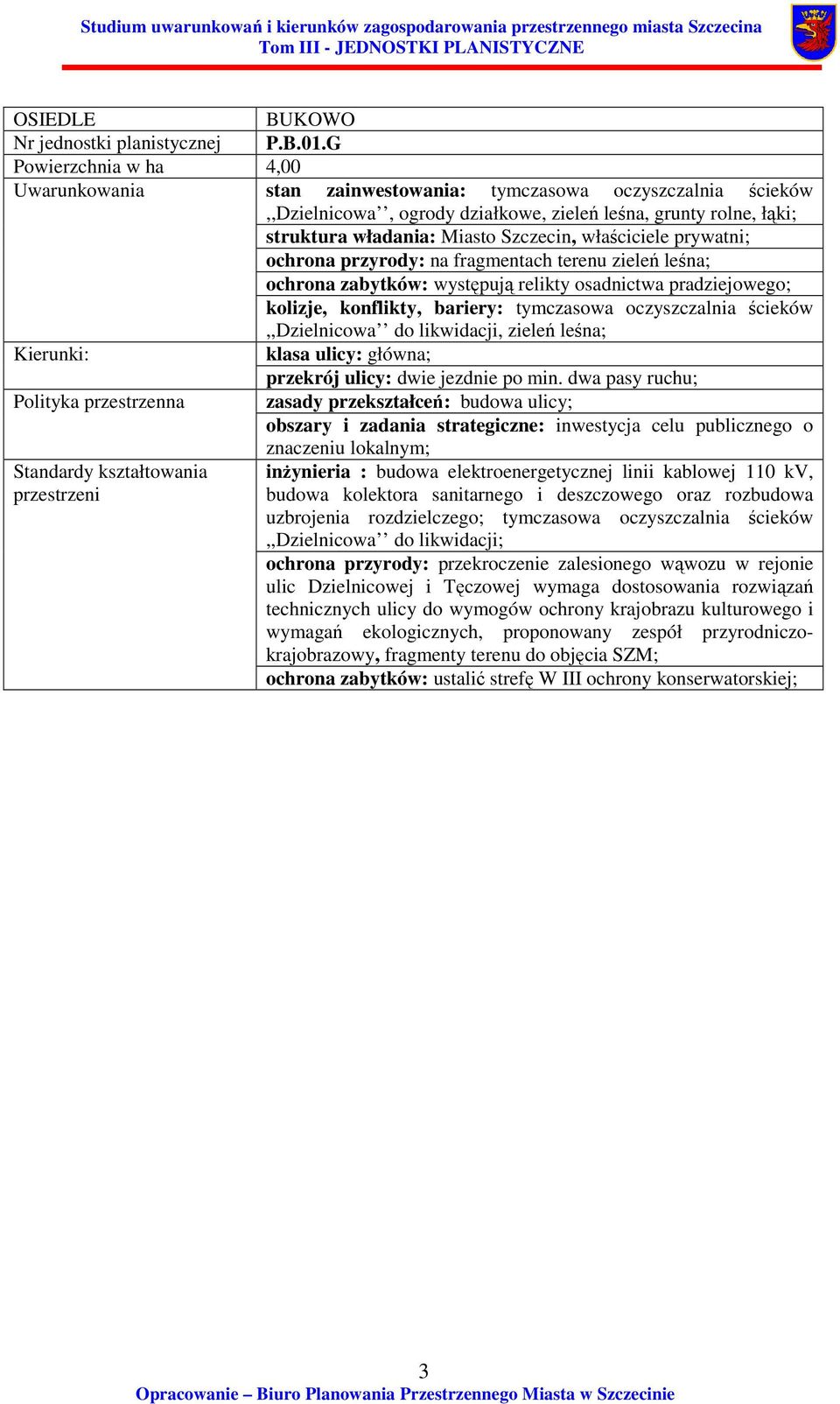 prywatni; ochrona przyrody: na fragmentach terenu zieleń leśna; ochrona zabytków: występują relikty osadnictwa pradziejowego; kolizje, konflikty, bariery: tymczasowa oczyszczalnia