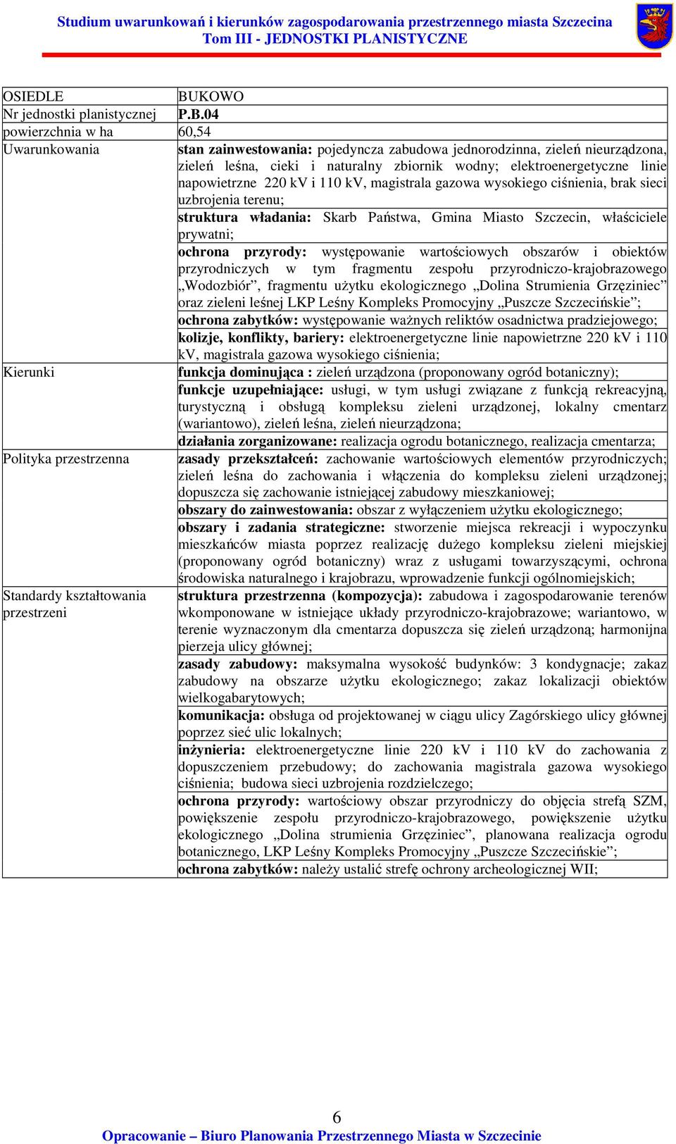 110 kv, magistrala gazowa wysokiego ciśnienia, brak sieci uzbrojenia terenu; struktura władania: Skarb Państwa, Gmina Miasto Szczecin, właściciele prywatni; ochrona przyrody: występowanie