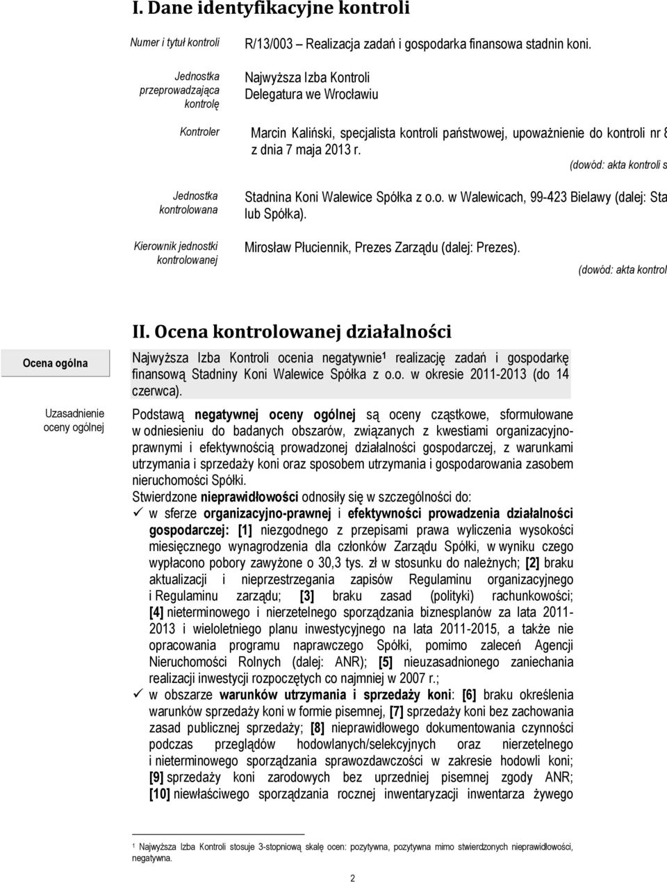 (dowód: akta kontroli s Jednostka kontrolowana Stadnina Koni Walewice Spółka z o.o. w Walewicach, 99-423 Bielawy (dalej: Sta lub Spółka).