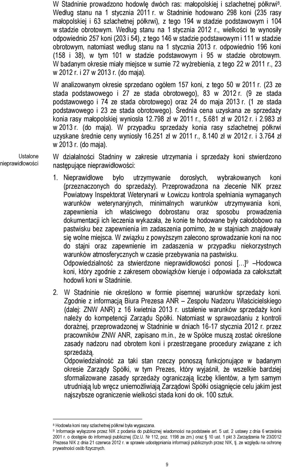 , wielkości te wynosiły odpowiednio 257 koni (203 i 54), z tego 146 w stadzie podstawowym i 111 w stadzie obrotowym, natomiast według stanu na 1 stycznia 2013 r.