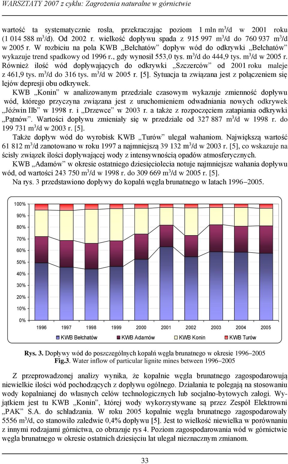 m 3 /d do 444,9 tys. m 3 /d w 2005 r. Również ilość wód dopływających do odkrywki Szczerców od 2001 roku maleje z 461,9 tys. m 3 /d do 316 tys. m 3 /d w 2005 r. [5].