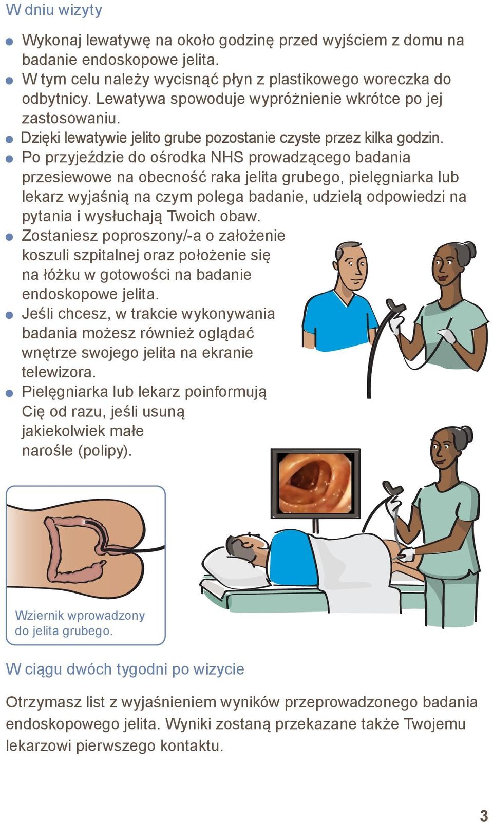 Po przyjeździe do ośrodka NHS prowadzącego badania przesiewowe na obecność raka jelita grubego, pielęgniarka lub lekarz wyjaśnią na czym polega badanie, udzielą odpowiedzi na pytania i wysłuchają