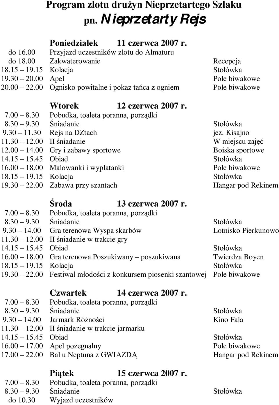 00 II śniadanie W miejscu zajęć 12.00 14.00 Gry i zabawy sportowe Boiska sportowe 14.15 15.45 Obiad Stołówka 16.00 18.00 Malowanki i wyplatanki Pole biwakowe 18.15 19.15 Kolacja Stołówka 19.30 22.