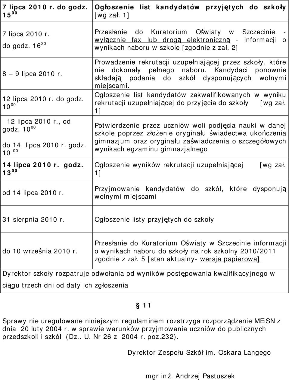 Ogłoszenie list kandydatów zakwalifikowanych w wyniku 12 lipca 2010 r. do godz. 10 00 rekrutacji uzupełniającej do przyjęcia do szkoły [wg zał. 1] 12 lipca 2010 r., od godz. 10 00 do 14 lipca 2010 r.