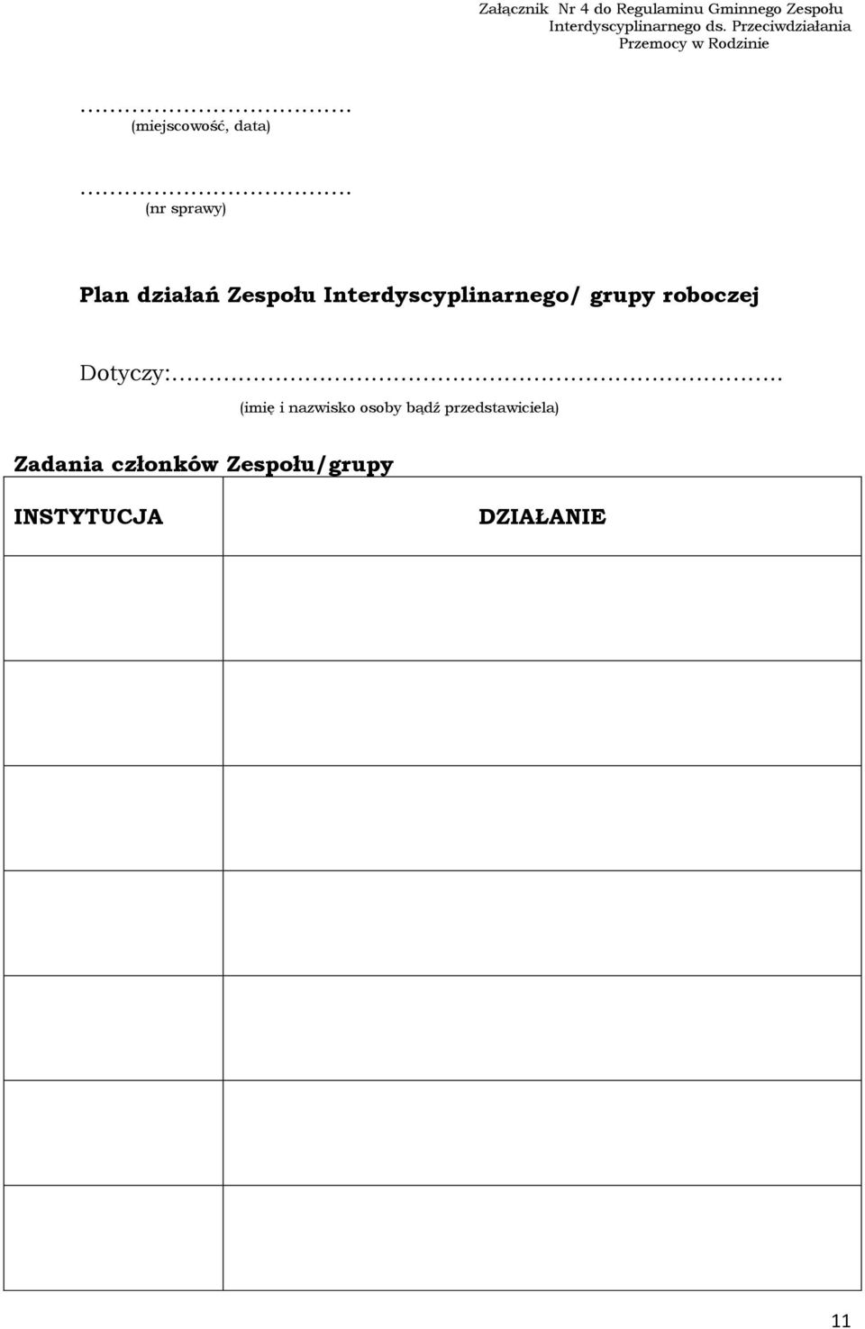 (nr sprawy) Plan działań Zespołu Interdyscyplinarnego/ grupy roboczej