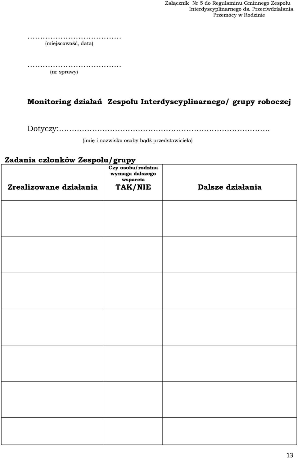 (nr sprawy) Monitoring działań Zespołu Interdyscyplinarnego/ grupy roboczej Dotyczy:.