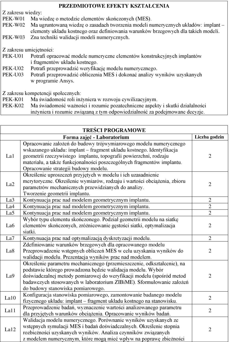 PEK-W0 Zna techniki walidacji modeli numerycznych. Z zakresu umiejętności: PEK-U01 Potrafi opracować modele numeryczne elementów konstrukcyjnych implantów i fragmentów układu kostnego.