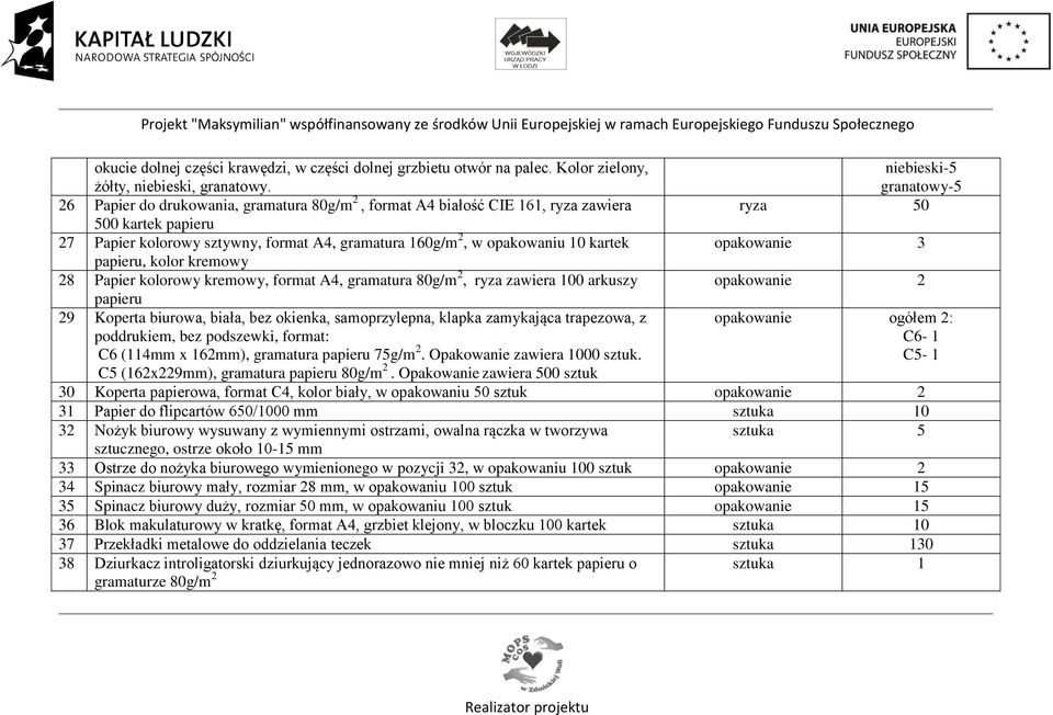 opakowaniu 10 kartek opakowanie 3 papieru, kolor kremowy 28 Papier kolorowy kremowy, format A4, gramatura 80g/m 2, ryza zawiera 100 arkuszy opakowanie 2 papieru 29 Koperta biurowa, biała, bez