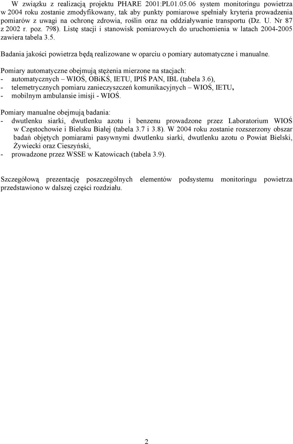 transportu (Dz. U. Nr 87 z 2002 r. poz. 798). Listę stacji i stanowisk pomiarowych do uruchomienia w latach 2004-2005 