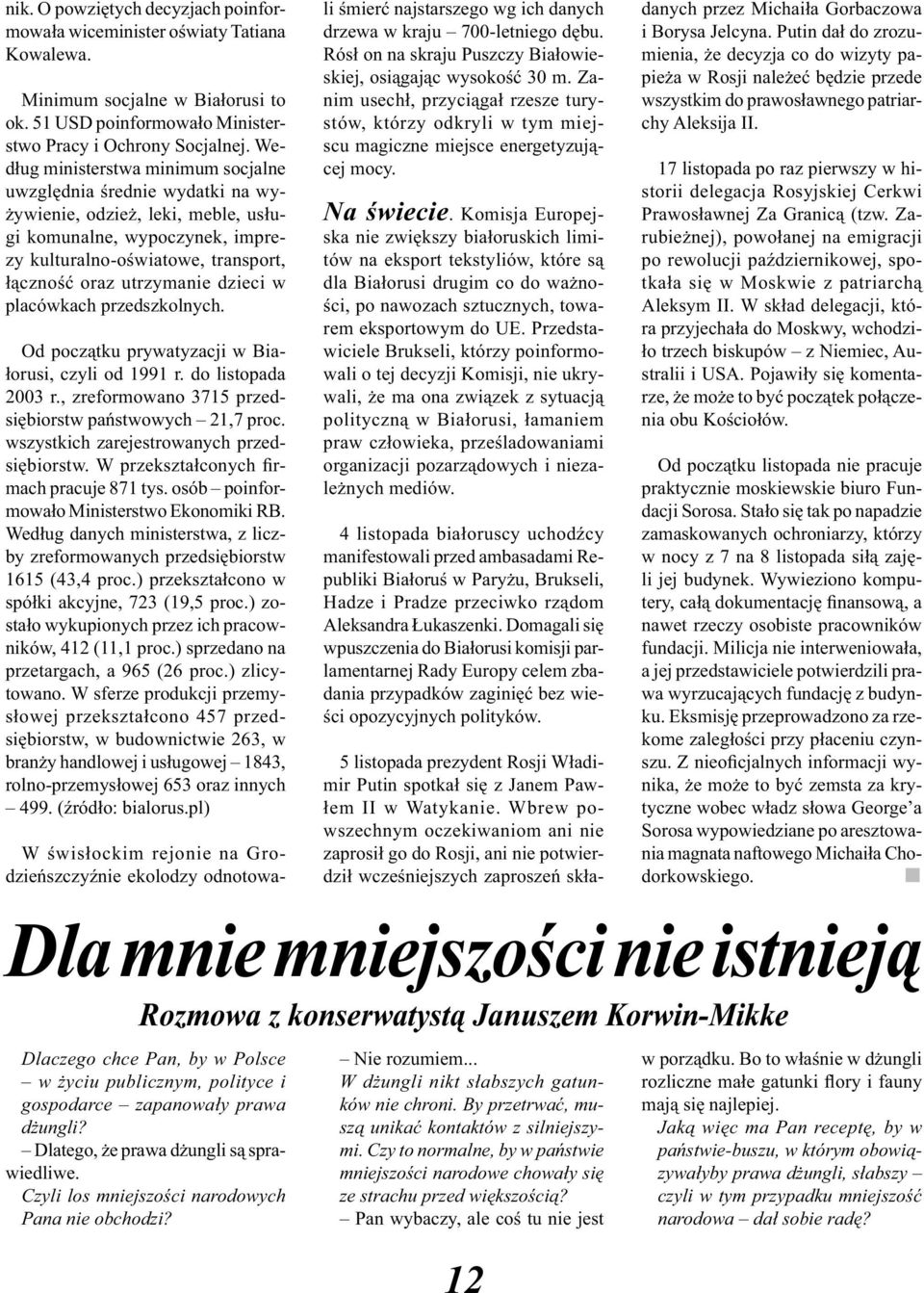 dzieci w placówkach przedszkolnych. Od początku prywatyzacji w Białorusi, czyli od 1991 r. do listopada 2003 r., zreformowano 3715 przedsiębiorstw państwowych 21,7 proc.