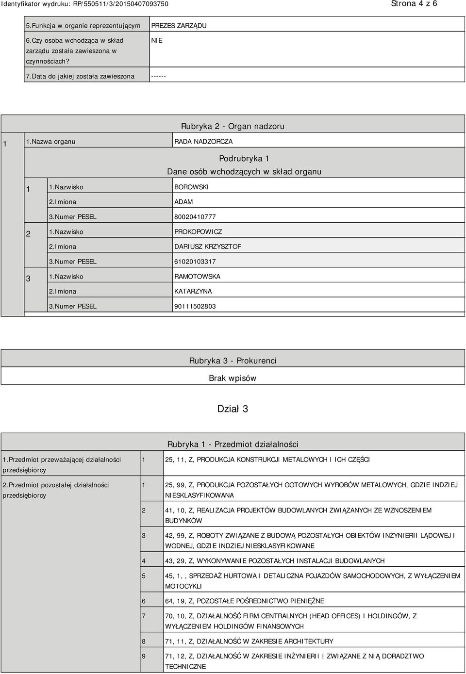 Nazwisko PROKOPOWICZ DARIUSZ KRZYSZTOF 3.Numer PESEL 61020103317 3 1.Nazwisko RAMOTOWSKA KATARZYNA 3.Numer PESEL 90111502803 Rubryka 3 - Prokurenci Dział 3 Rubryka 1 - Przedmiot działalności 1.