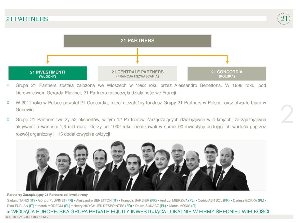 W 2011 roku w Polsce powstał 21 Concordia, trzeci niezależny fundusz Grupy 21 Partners w Polsce, oraz otwarto biuro w Genewie.