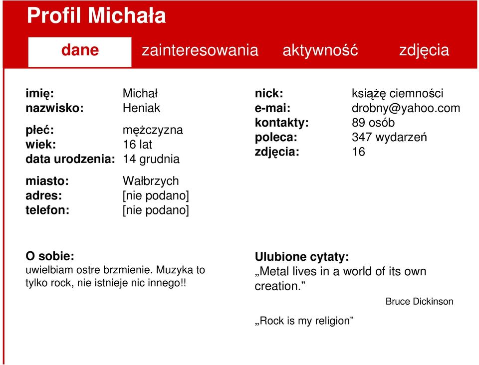 com kontakty: 89 osób poleca: 347 wydarzeń zdjęcia: 16 O sobie: uwielbiam ostre brzmienie.