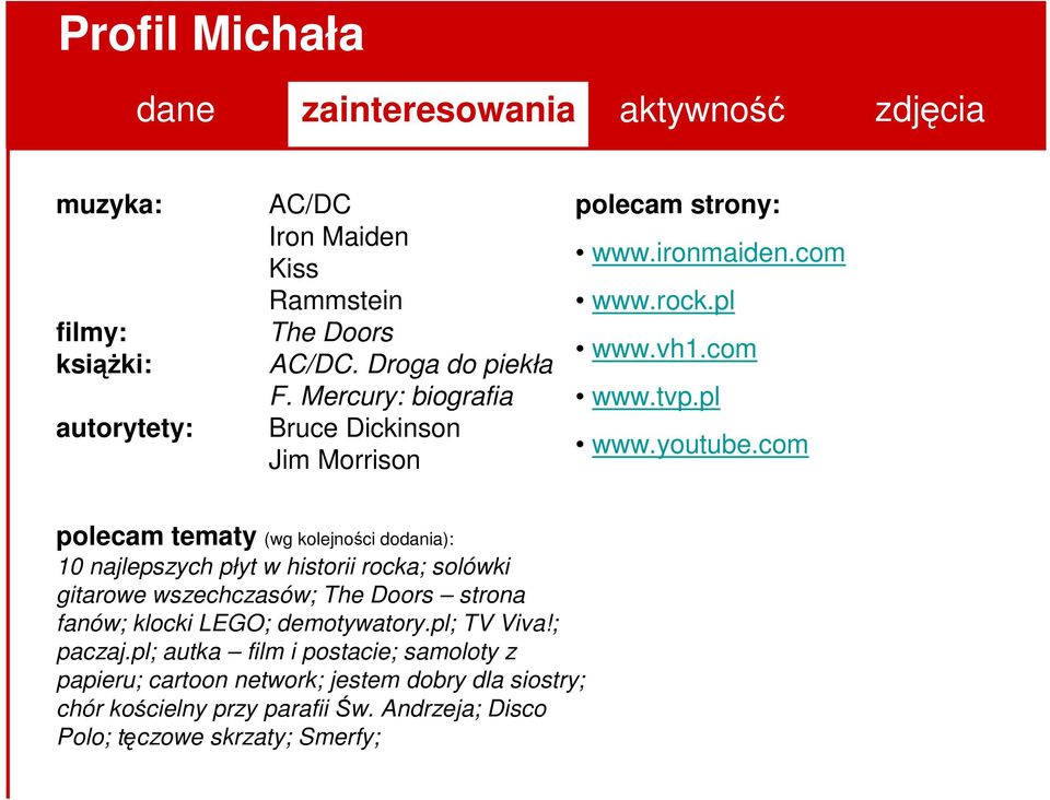 com polecam tematy (wg kolejności dodania): 10 najlepszych płyt w historii rocka; solówki gitarowe wszechczasów; The Doors strona fanów; klocki LEGO;