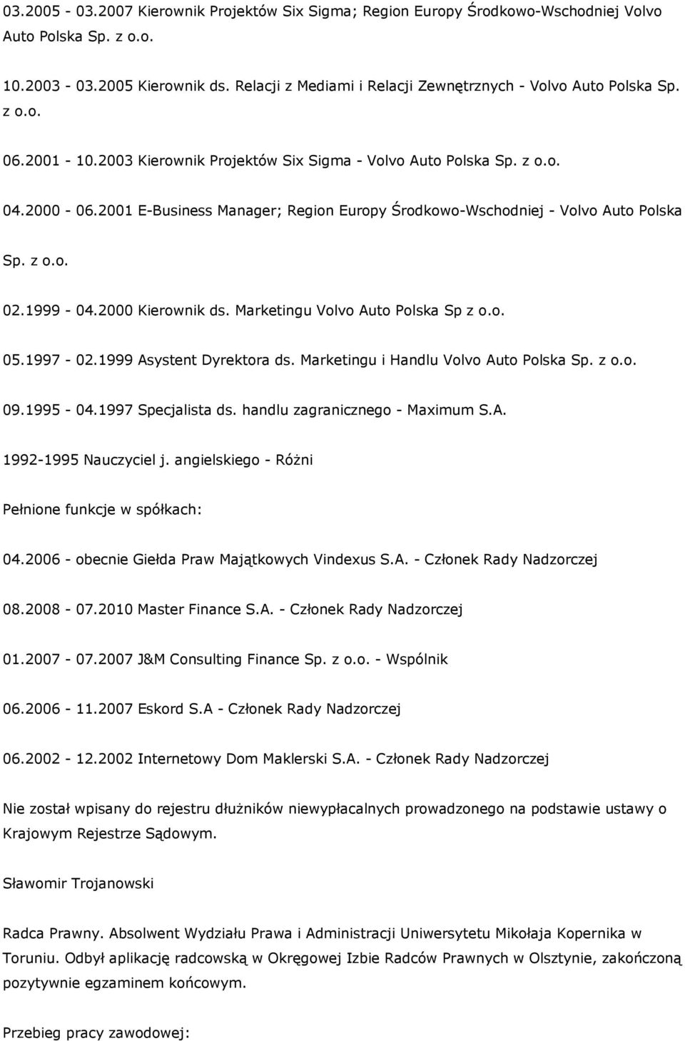 2001 E-Business Manager; Region Europy Środkowo-Wschodniej - Volvo Auto Polska Sp. z o.o. 02.1999-04.2000 Kierownik ds. Marketingu Volvo Auto Polska Sp z o.o. 05.1997-02.1999 Asystent Dyrektora ds.